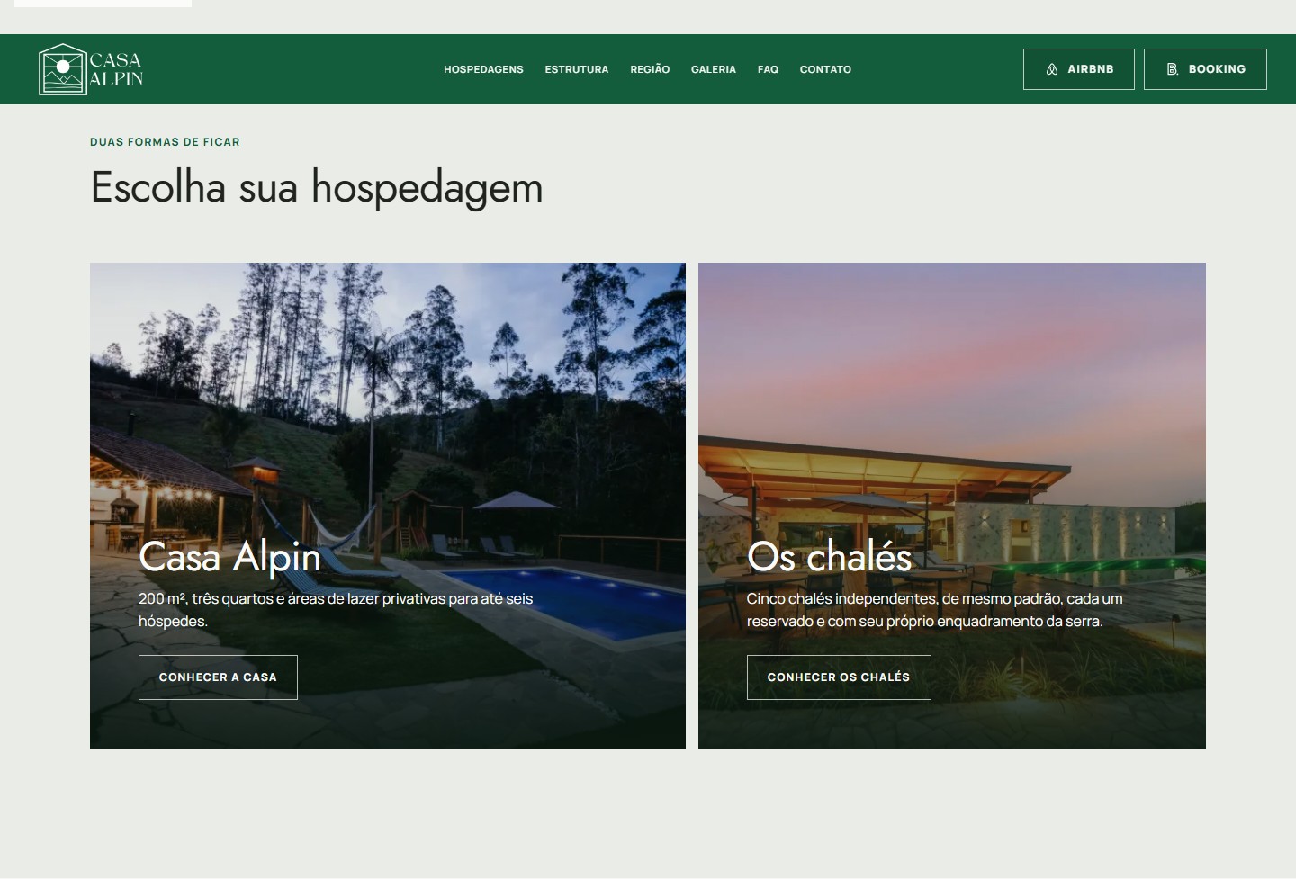 Casa Alpin website showing its navigation and accommodation paths