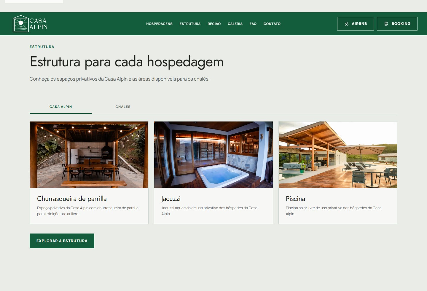 Casa Alpin website structure interface with tabs, amenities and call to action